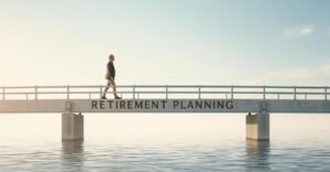 image showing a bridge that says retiremet planning and a mid age man (in 50s) is crossing Bridge