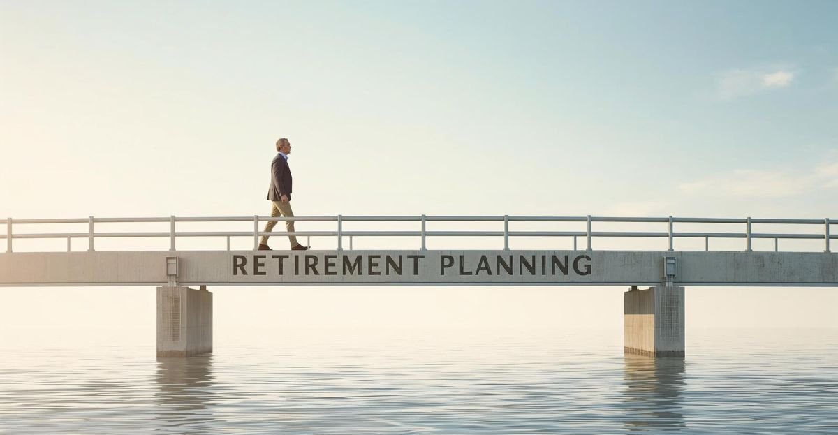 image showing a bridge that says retiremet planning and a mid age man (in 50s) is crossing Bridge