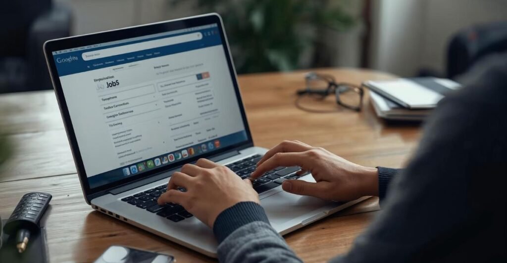 person sitting at a desk and typing job search keywords to search for a job