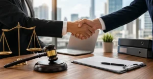 Business acquisitions in Australia handshake between executives with legal symbols representing HR and compliance in M&A