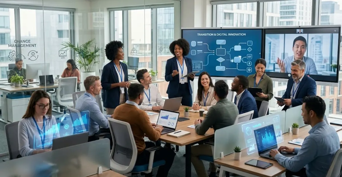 Change Management in HR showing employees adapting to workplace disruption with digital tools and collaboration