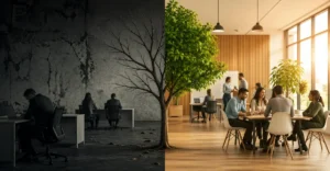 Culture atrophy concept showing a declining workplace contrasted with a thriving office environment, highlighting employee engagement and workplace culture transformation