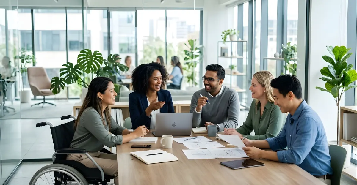 Diversity and Inclusion in the Workplace shown through a diverse team collaborating in a modern office environment