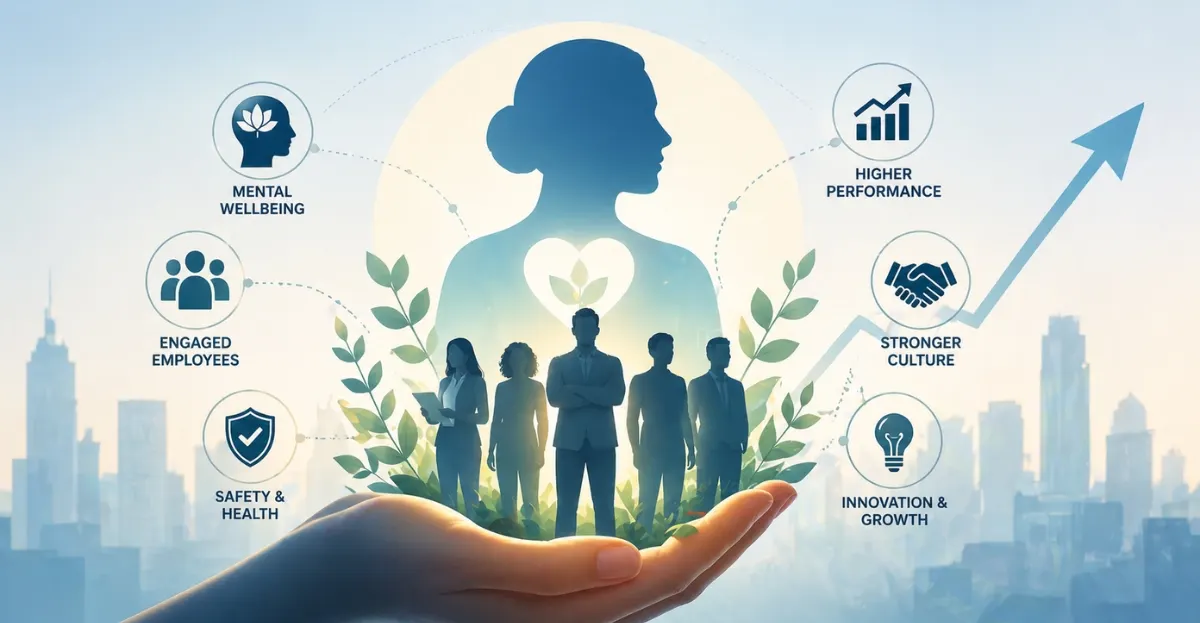 Employee wellbeing strategy concept showing diverse team supported by care, growth, safety, and performance elements