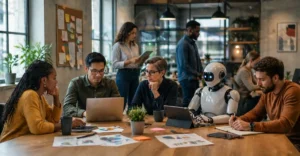 Fluid Workforce in action with a diverse team working alongside a humanoid AI robot in a modern office