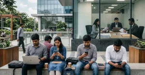 Fresher jobs in India – graduates searching for jobs online while recruiters review resumes, highlighting the hiring gap