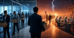 Global Workforce Crisis showing layoffs and AI replacing human jobs in modern workplaces