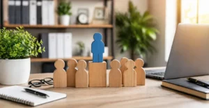 Human Resource Management Quotes concept showing leadership and team hierarchy with wooden figures in a modern office setting