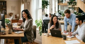 Hybrid work policy in practice - employee working from home alongside colleagues collaborating in office