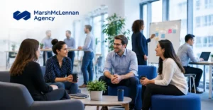 Marsh McLennan Agency office scene showing employees collaborating in a modern workplace environment