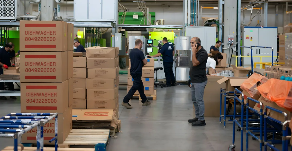 Productivity in Australian warehouse with forklifts, storage layout and workers managing inventory efficiently