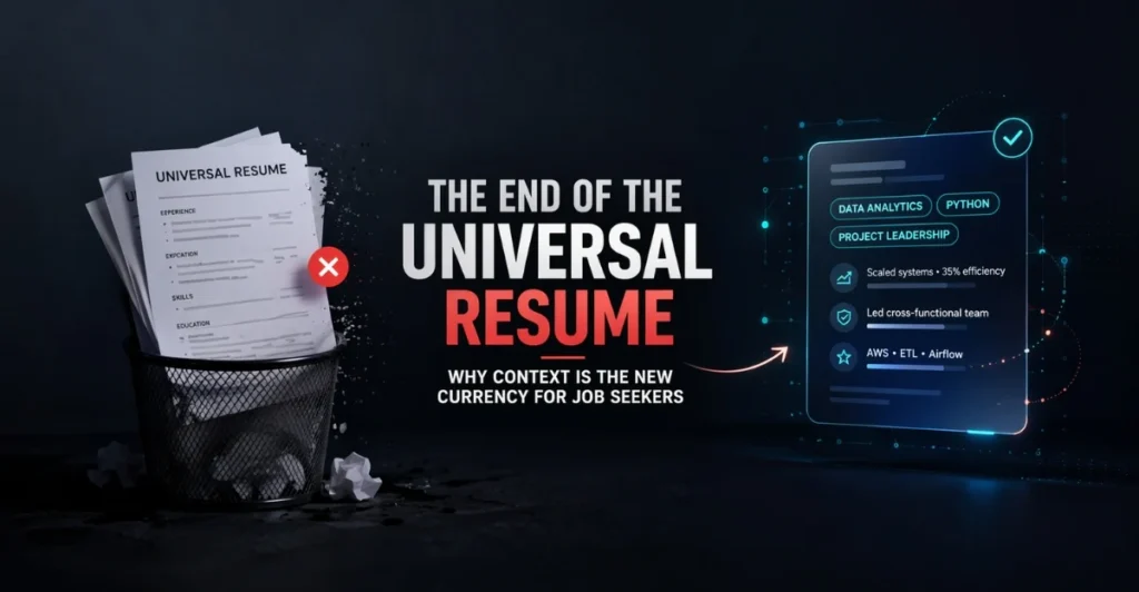Illustration showing the shift from a discarded universal resume to a modern, tailored digital resume optimized for specific job roles