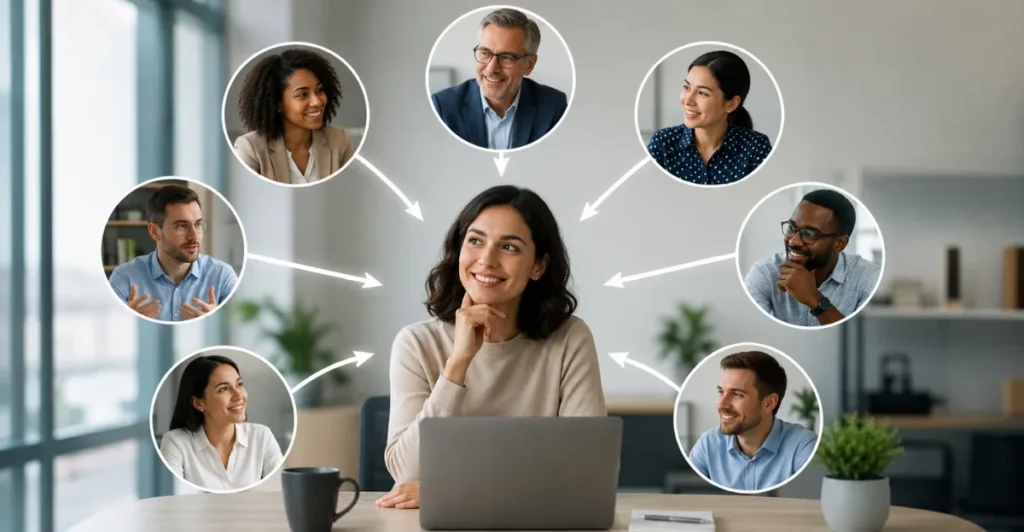 360 Degree Feedback process illustration showing employees and managers sharing performance feedback in a modern workplace