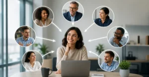 360 Degree Feedback process illustration showing employees and managers sharing performance feedback in a modern workplace