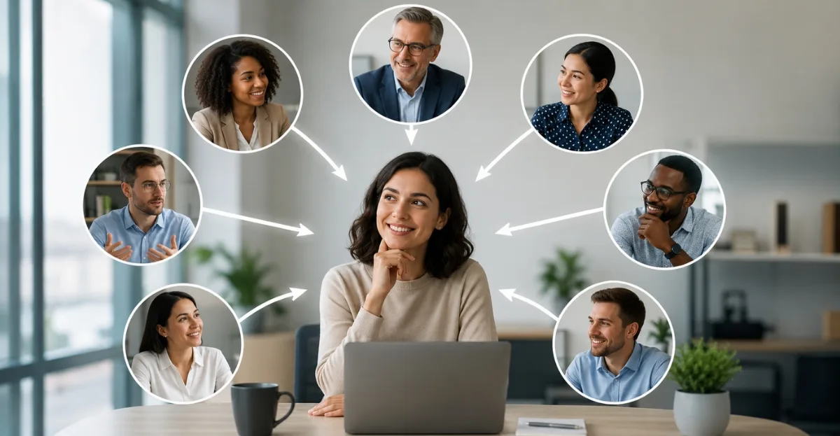 360 Degree Feedback process illustration showing employees and managers sharing performance feedback in a modern workplace