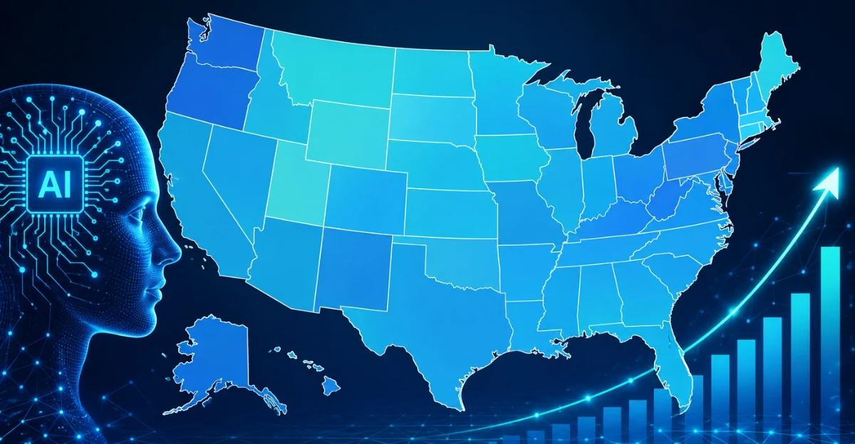 AI skills demand rising across US states with digital map, analytics graph, and artificial intelligence concept illustration