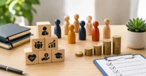 Compensation and benefits concept showing employee wellness, rewards, learning, and salary growth in a modern workplace