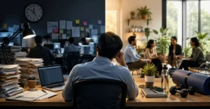 Corporate Wellness Programs image showing an employee caught between a stressful burnout-driven office culture and a healthy workplace environment.
