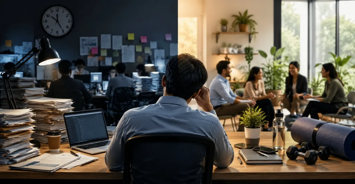 Corporate Wellness Programs image showing an employee caught between a stressful burnout-driven office culture and a healthy workplace environment.