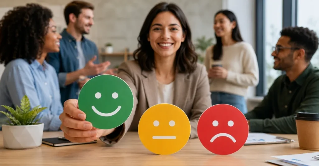 Employees in a modern office holding feedback icons representing Employee NPS and workplace satisfaction.