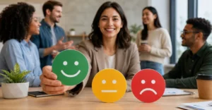 Employees in a modern office holding feedback icons representing Employee NPS and workplace satisfaction.