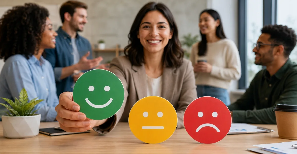 Employees in a modern office holding feedback icons representing Employee NPS and workplace satisfaction.
