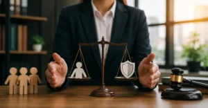 Employee rights and organizational risk balance represented with legal scales in a corporate workplace