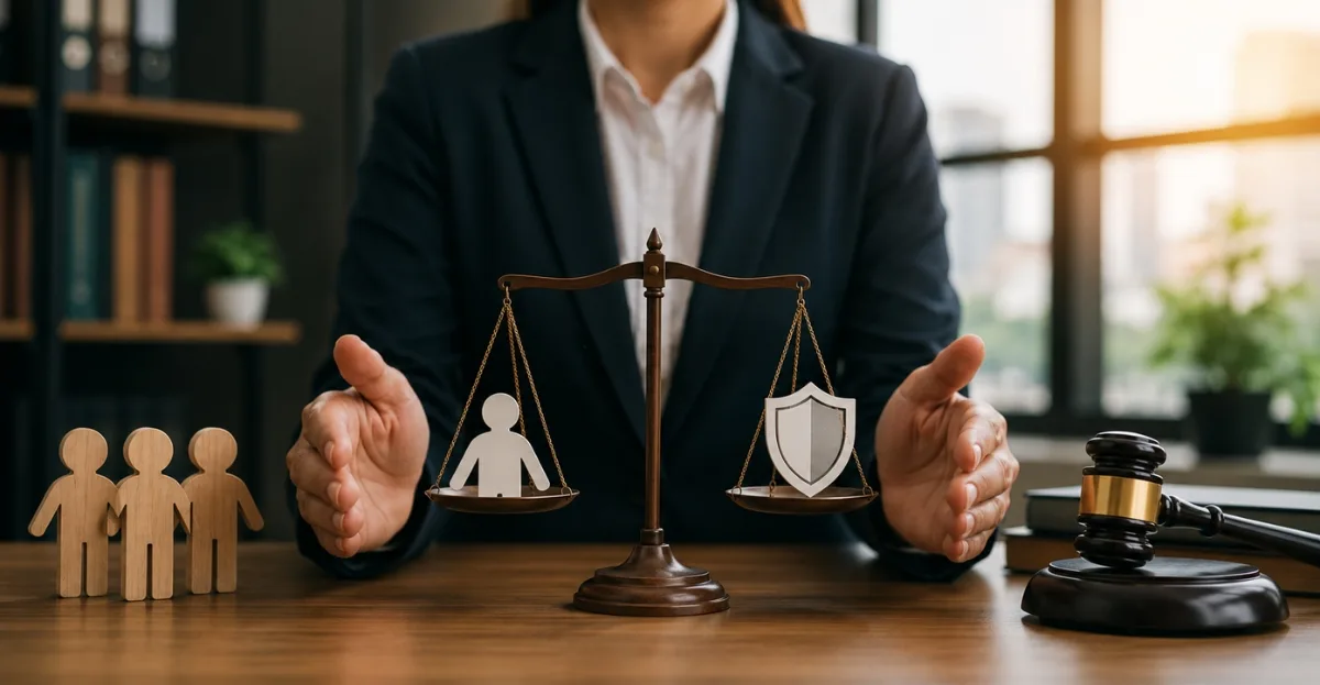 Employee rights and organizational risk balance represented with legal scales in a corporate workplace