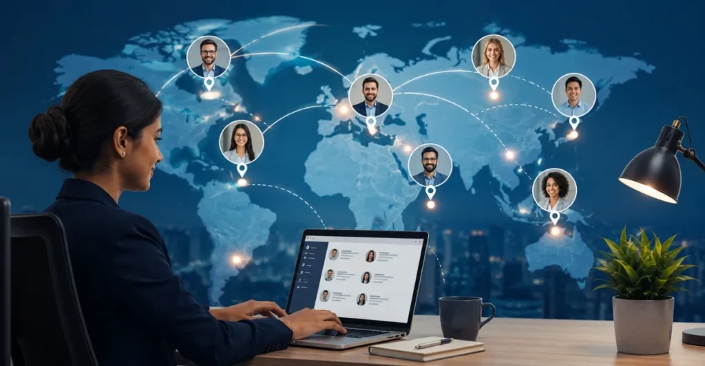 Employer of Record global hiring concept showing an Indian company managing international employees across multiple countries through a connected digital workforce network.