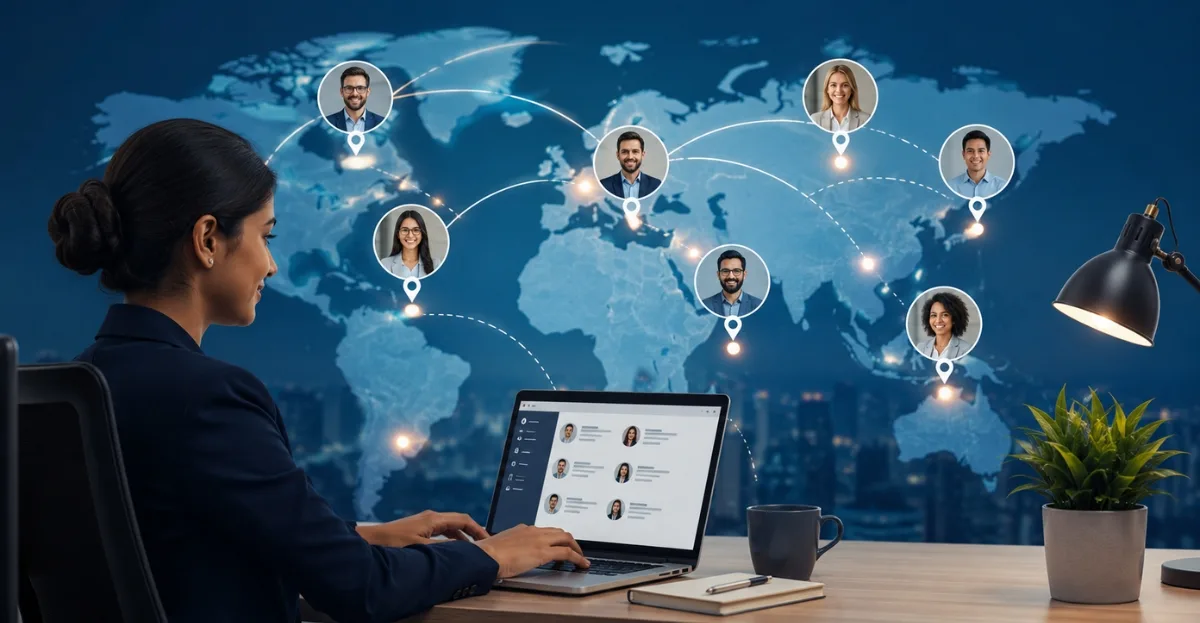 Employer of Record global hiring concept showing an Indian company managing international employees across multiple countries through a connected digital workforce network.
