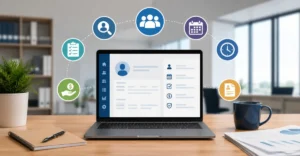HR Softwares for Small Business dashboard displayed on a laptop in a modern office workspace