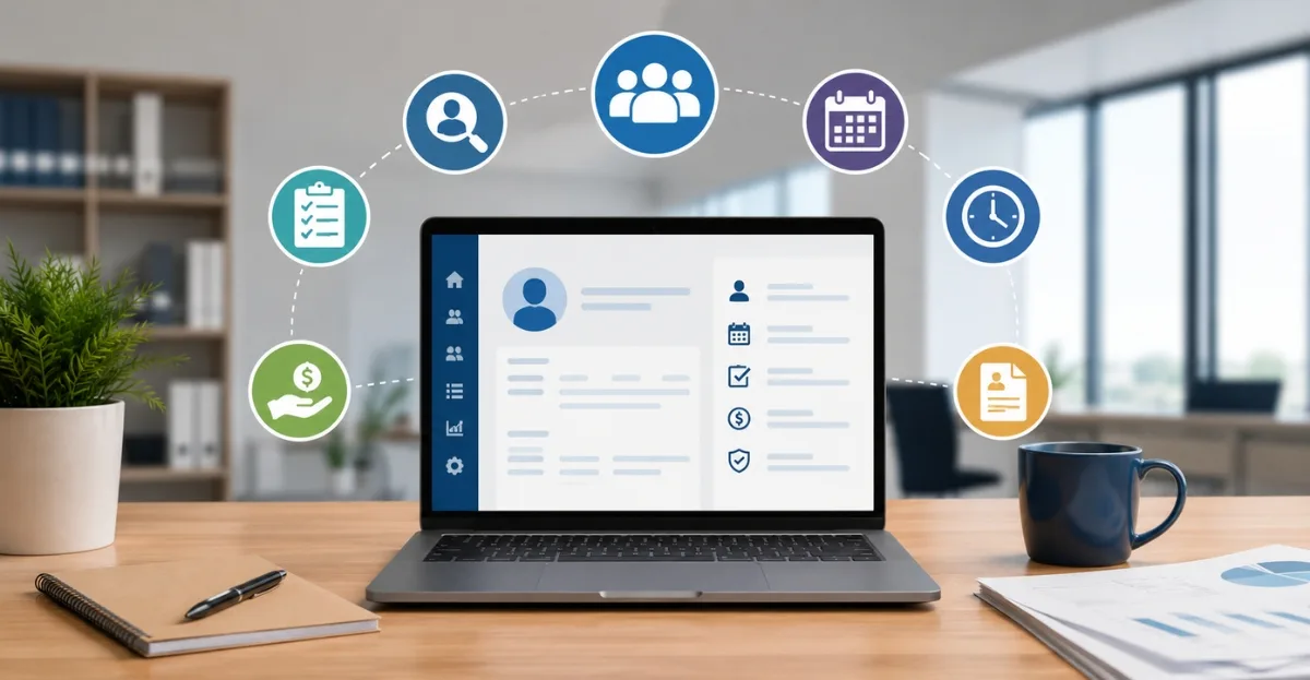 HR Software for Small Business dashboard displayed on a laptop in a modern office workspace