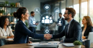 HR professionals collaborating with business leaders in a modern office to support workplace growth and employee engagement.