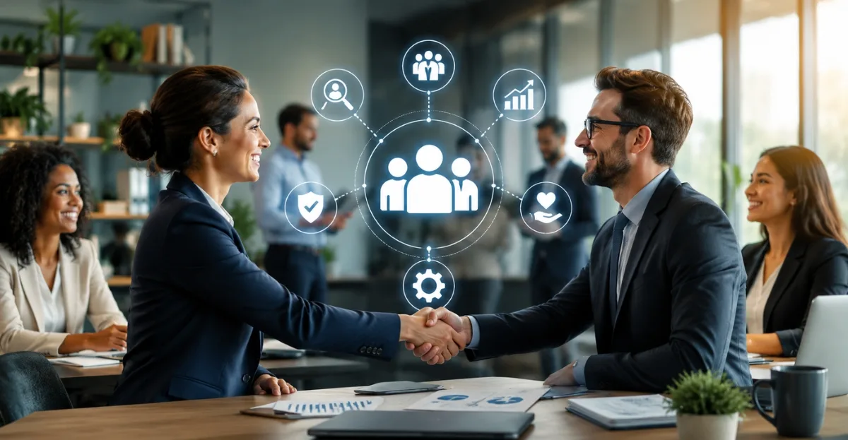 HR professionals collaborating with business leaders in a modern office to support workplace growth and employee engagement.
