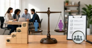 Job Evaluation Methods illustration showing workplace pay equity, HR assessment process, and fair compensation structure in a modern office