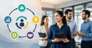 Job Rotation strategy illustration showing employees collaborating across departments in a modern workplace