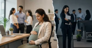 Maternity Benefit Act India workplace reality showing a pregnant employee supported in one office and isolated in another corporate environment