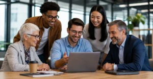 Multi-Generational Workforce professionals from different age groups collaborating together in a modern office environment