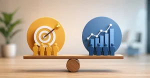 Illustration showing OKR vs KPI concepts with a balanced seesaw featuring goal targets, analytics charts, and HR team icons in a modern office setting.