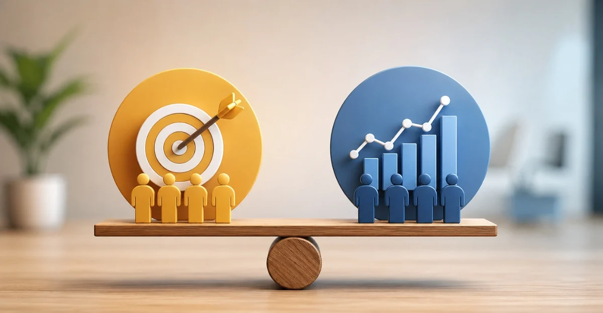Illustration showing OKR vs KPI concepts with a balanced seesaw featuring goal targets, analytics charts, and HR team icons in a modern office setting.