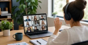 Remote company culture illustration showing a virtual team meeting on a laptop in a modern home office setup