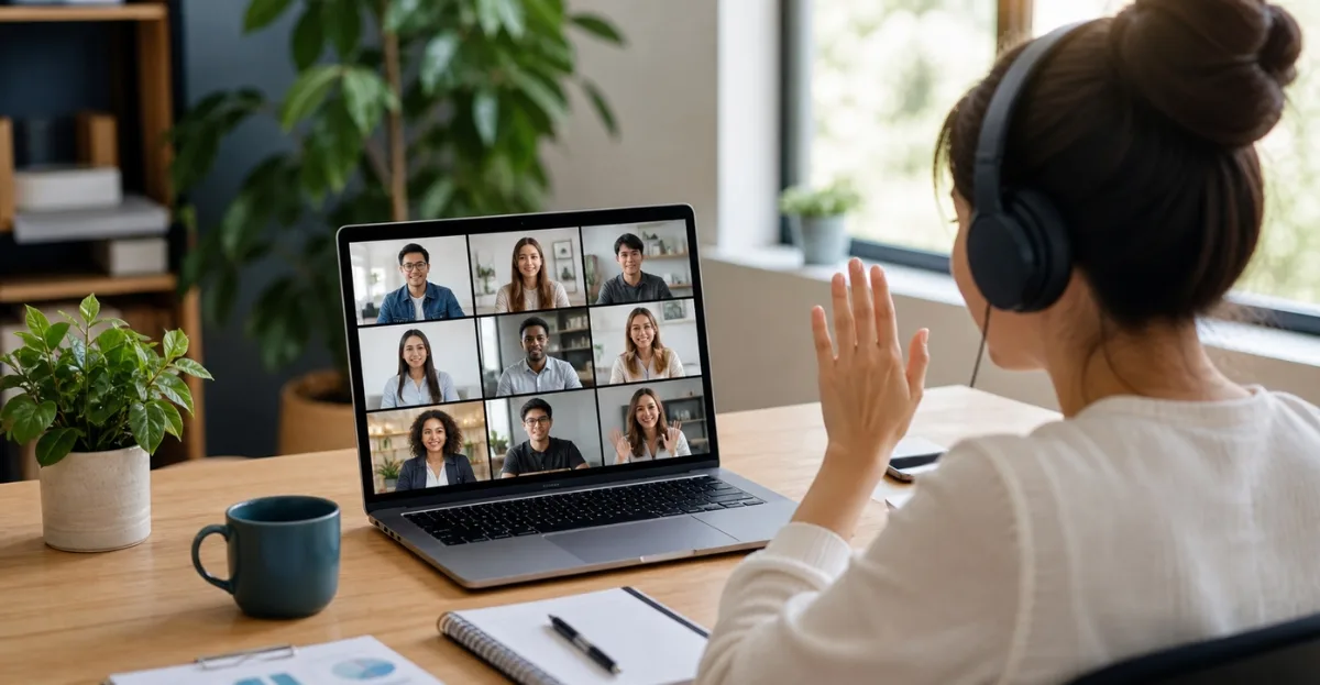 Remote company culture illustration showing a virtual team meeting on a laptop in a modern home office setup