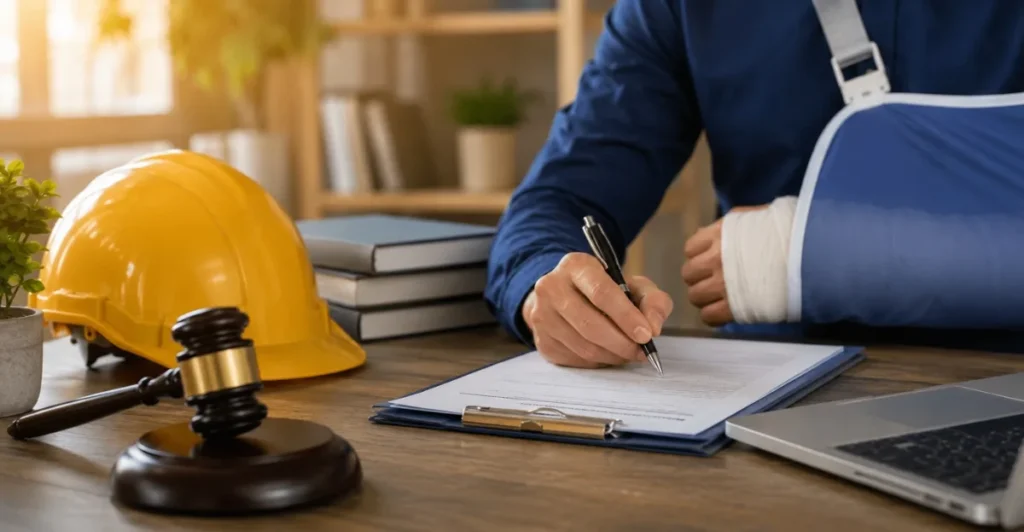 Injured worker with an arm sling signing workers’ compensation documents beside a hard hat and legal gavel in an office setting.