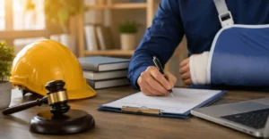 Injured worker with an arm sling signing workers’ compensation documents beside a hard hat and legal gavel in an office setting.