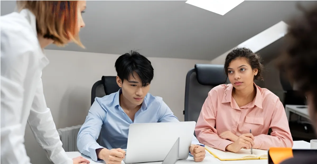 HR team conducting a professional workplace complaint discussion with employees in a modern office environment.