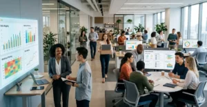 Employees collaborating in a modern office environment representing workforce redeployment and internal talent mobility.