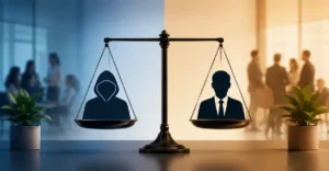 Anonymous vs Named Workplace Certification comparison showing a balance scale with anonymous and identified employee figures in a workplace setting