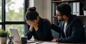 Bereavement leave support during notice period as a colleague comforts an employee dealing with personal loss in a professional workplace setting.