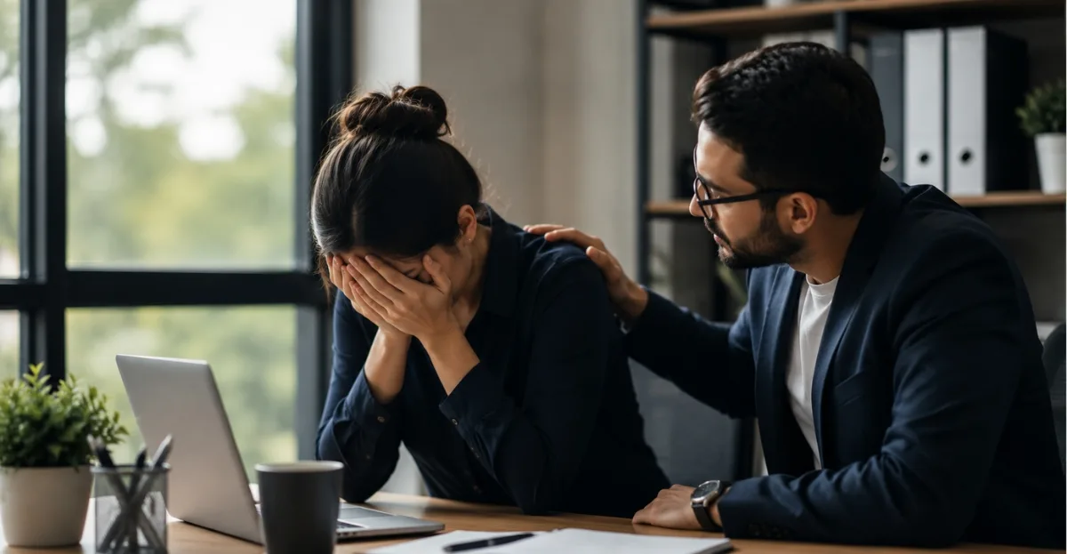 Bereavement leave support during notice period as a colleague comforts an employee dealing with personal loss in a professional workplace setting.