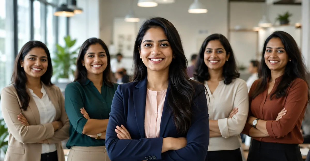 Best Workplaces for Women in India 2026 featuring a diverse group of professional women leaders standing confidently in a modern office environment.